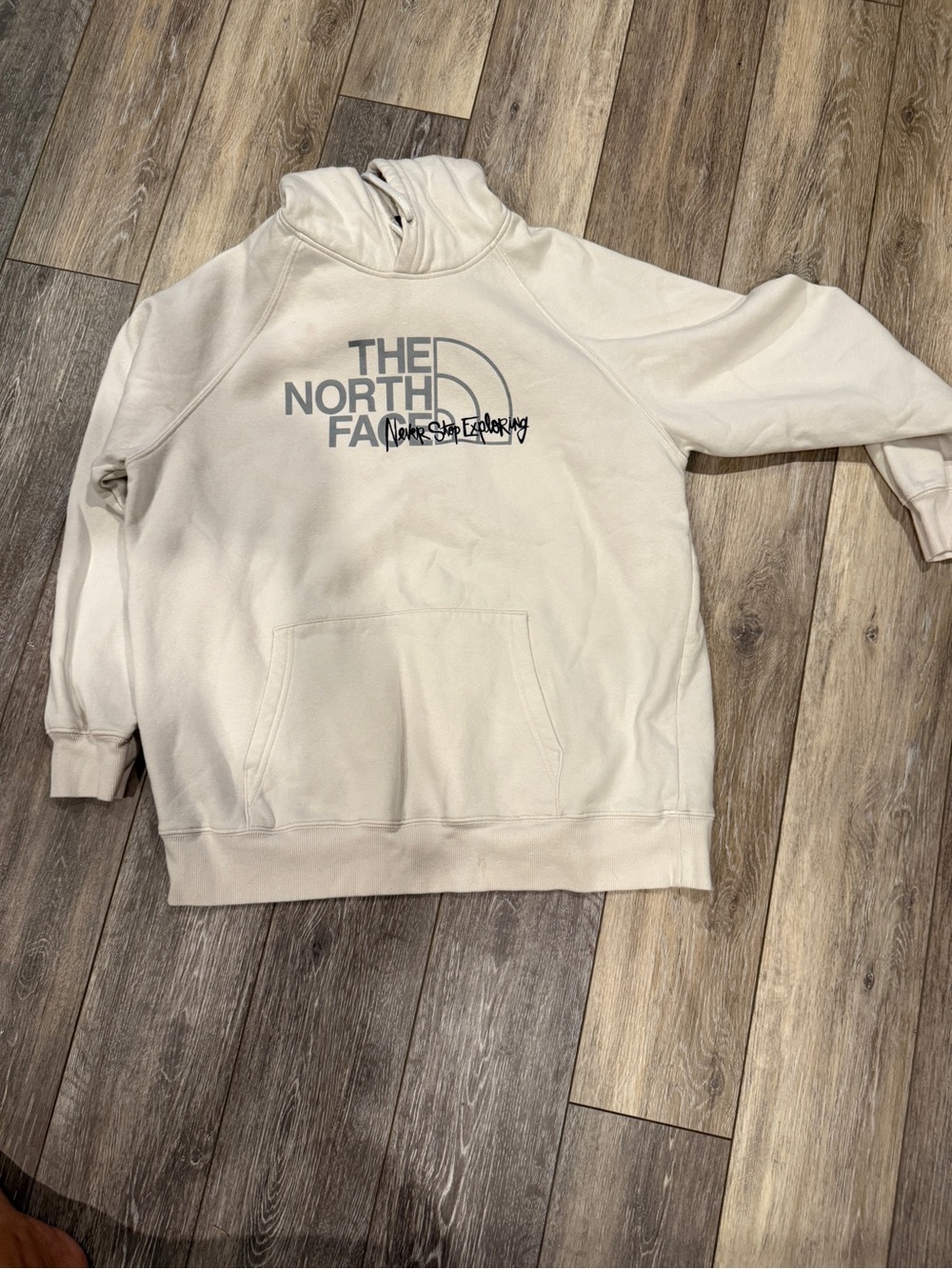 The North Face Men's Cream Crewneck Hoodie with Gray Logo
